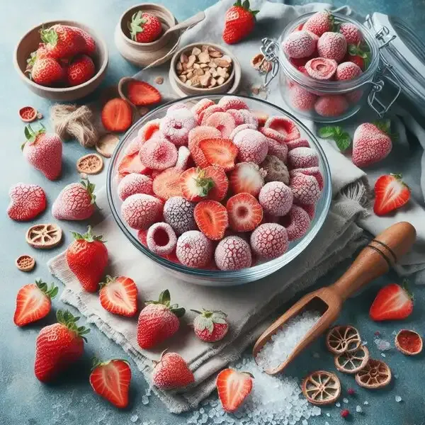 Freeze-dried strawberries on white background