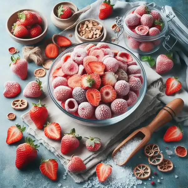 Freeze-dried strawberries on white background