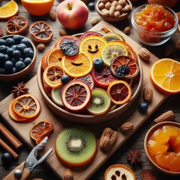 Fresh fruit leather strips on a wooden cutting board, showcasing colorful and healthy snack options