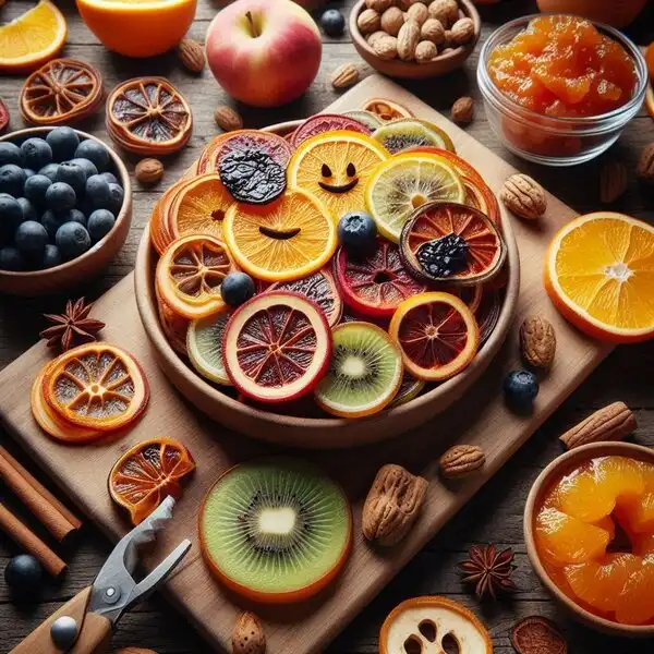 Fresh fruit leather strips on a wooden cutting board, showcasing colorful and healthy snack options