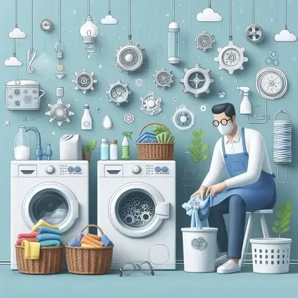 Laundry room with clean clothes and laundry supplies