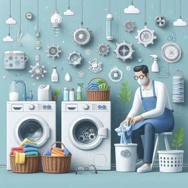 Laundry room with clean clothes and laundry supplies